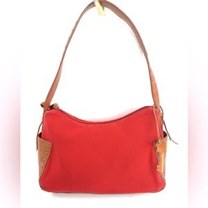 FOSSIL Red Canvas Small Shoulder Bag Purse Brown Leather Side Pockets Wood Key